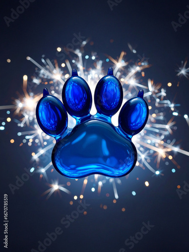 A luminous, deep blue glass paw print sculpture is set against a dark, contrasting background, with star-like bokeh lights scattering behind it. This artistic and clean image is suitable for pet-relat