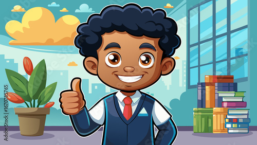 A Student, cute black boy, standing, smiling confidently, giving thumbs up.