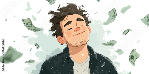 Young man enjoying money rain, wealth and prosperity concept. Carefree man surrounded by falling banknotes, illustrating financial success, abundance and wealth