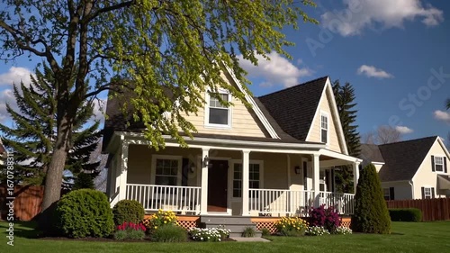 The external facade and front elevation of quaint American suburban cottage-inspired dwelling illuminated by bright sunlight on clear day in the spring season