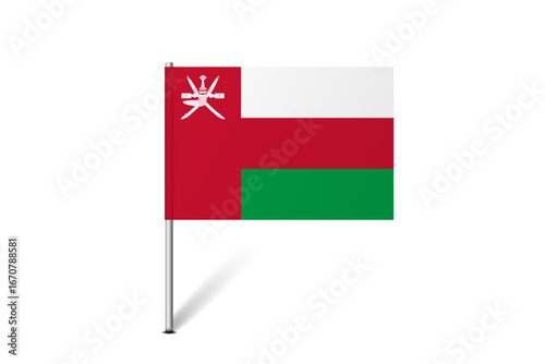 Oman flag - map pin flag representing a country cultural identity and heritage. The essence of national pride and unity. Map pin flag stuck in a white background