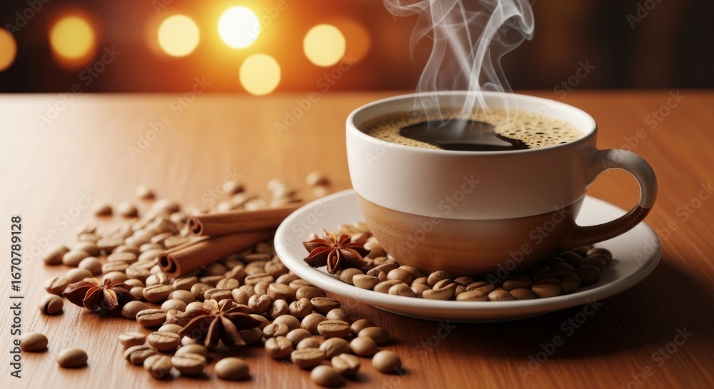 Fototapeta premium A steaming cup of coffee rests on a wooden table, surrounded by coffee beans, cinnamon sticks, and star anise, creating a warm and inviting atmosphere.