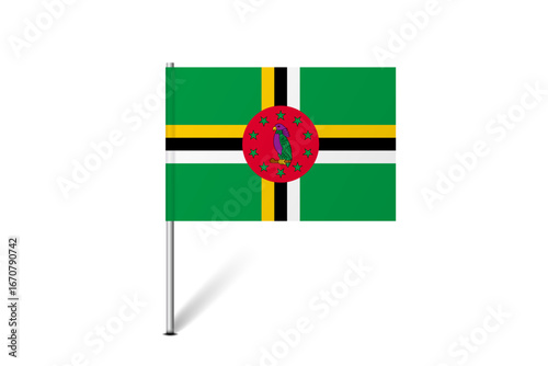 Dominica flag - map pin flag representing a country cultural identity and heritage. The essence of national pride and unity. Map pin flag stuck in a white background