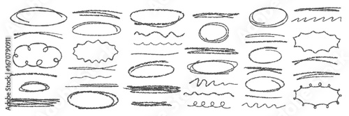 Black crayon pencil underline and frame set, textured doodle shapes, wavy lines. Hand drawn sketch borders for notes, comic bubbles, educational layout, back to school graphics