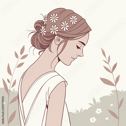 Boho bride with flowers in her hair and a light dress.