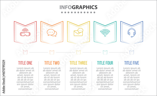 Vector Infographic design with icons. process diagram, flow chart, info graph, Infographics for business concept, presentations banner, workflow layout. 5 options or 5 steps. Horizontal Steps