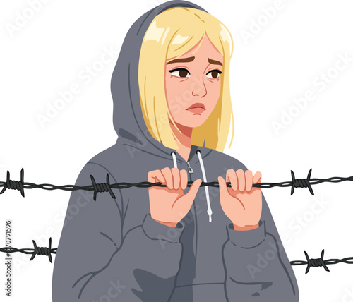 Sad young woman in gray hoodie holding barbed wire expressing confinement and emotional distress vector illustration 