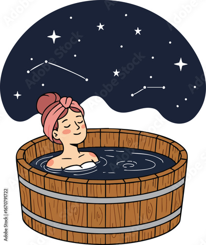Woman relaxing in wooden hot tub under starry night sky with visible constellations vector illustration 