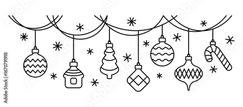 Hanging different Christmas tree toys. Black outline linear silhouette. Editable strokes. Horizontal front view. Vector simple flat graphic illustration. Isolated object on white background. Isolate.
