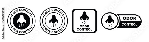 Odor control badge logo template set. Suitable for product label and information. Odor control sign, logo, badge, icon, sticker, label, emblem, stamp, symbol, black, line, flat vector.