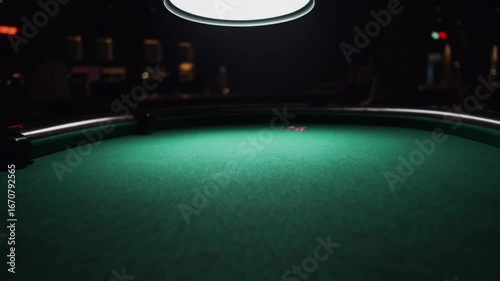 The empty green felt surface of casino poker table under single light source