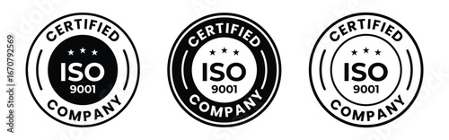 9001 certified badge set. International Organization for Standardization ISO logo, label, emblem, stamp, vector isolated illustration.