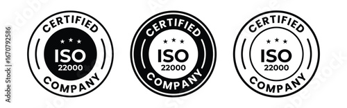 2200 certified badge set. International Organization for Standardization ISO logo, label, emblem, stamp, vector isolated illustration.