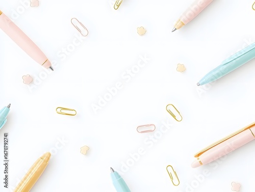 Pastel Pens and Paperclips Flatlay Background