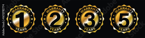 Years Warranty vector icon set. A collection of 1, 2, 3, 4, and 5-year warranty labels, badges, and stickers for product guarantees. Isolated on a white background.