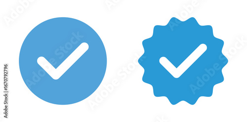 Blue tick verified social media account icon. Approved profile sign. White tick in blue circle. Verification badge for official page. Check mark symbol. Vector illustration.