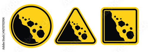 Hazard landslide sign isolated on white background. Falling rocks sign. Warning sign. Traffic signs and symbols. Triangle, circle, rectangle yellow sign. Vector illustration