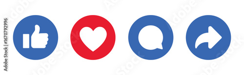 Like, Share, comment and subscribe icons buttons set with different color. Like, thumb up, subscribe icon, comment, repost and share icon buttons. Social media notification icons. Vector illustration.