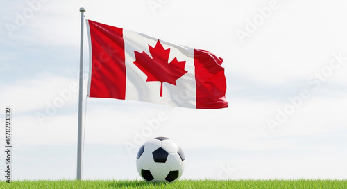 Canadian flag waving above a soccer ball on green grass against a bright sky background display