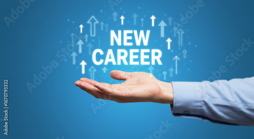 New Career Launch: A poised hand presents the hopeful concept of New Career adorned with ascending arrows, symbolizing growth and progress.