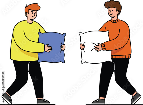 Two friends playfully exchanging pillows in a fun and lively atmosphere during a cozy indoor gathering 