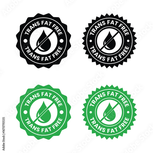 Trans fat free icons set. Vector illustration isolated on white background. Badge or sticker flat design. Healthy food concept. No oil symbol for food packaging or dietetic product nutrition sign.