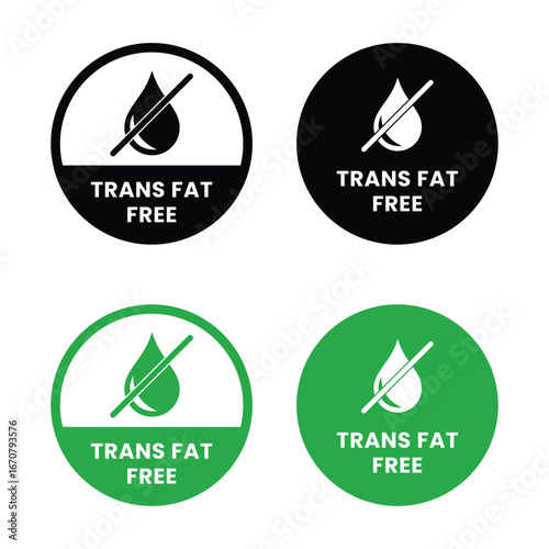 Trans fat free icons set. Vector illustration isolated on white background. Badge or sticker flat design. Healthy food concept. No oil symbol for food packaging or dietetic product nutrition sign.
