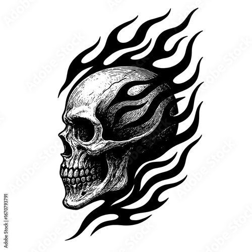 Vector illustration of flaming skull in black and white style
