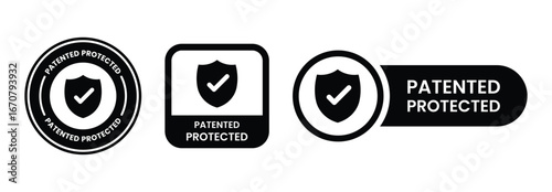 Patented Protected logo, Technology, Intellectual Property, Patent Applied logo, badge, icon, sticker, label, emblem, stamp, symbol, black, line circle, flat vector, isolated illustration.