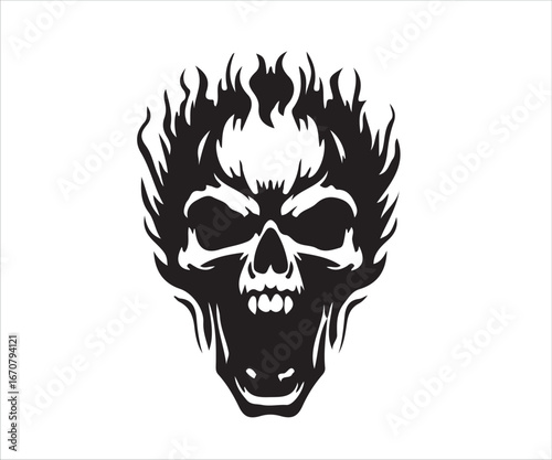 Vector illustration of a skull engulfed in flames, symbolizing death, danger, and intensity. Perfect for Halloween, horror, or edgy designs, as well as creative graphics for tattoos, merchandise, and 