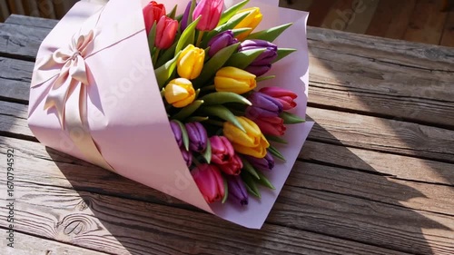 Bouquet of Spring Tulips Flowers Wrapped in Gift Paper for Present