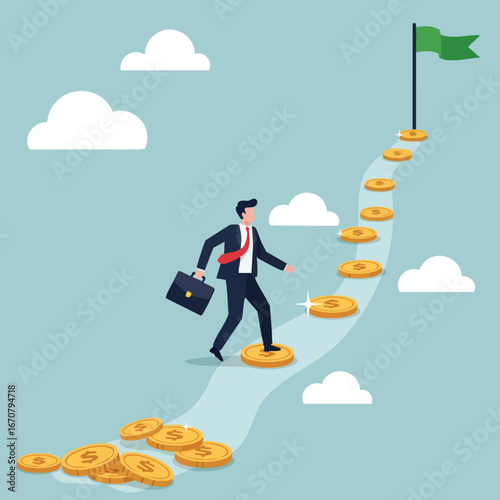 Businessman walking on golden coin path to green flag symbolizing financial success and career growth in vector illustration 