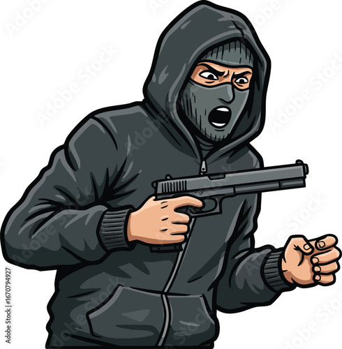 Man in black hoodie mask holding handgun aggressively with intense expression vector illustration 