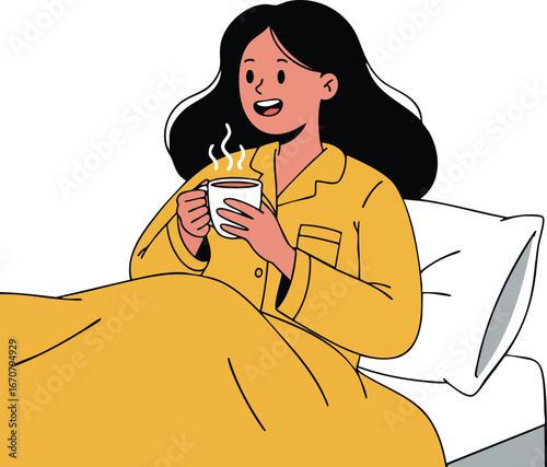 Woman in yellow pajamas drinking hot beverage in bed relaxed morning routine vector illustration 
