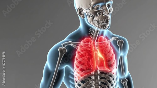 Medical three-dimensional moving of unwell male respiring swiftly, unwell male respiring swiftly, respiratory organs emphasized in red, anatomical radiograph depiction of lung inflammation or other p