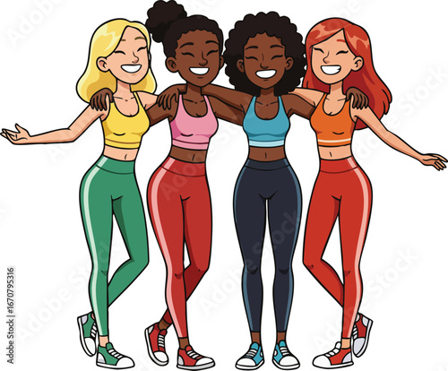 Group of diverse young women in colorful activewear standing together with arms around each other smiling and happy 