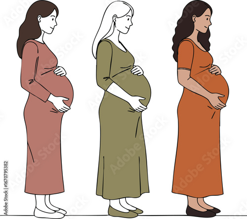 Pregnant women standing in profile wearing earth tone dresses showing diverse maternity stages vector illustration 
