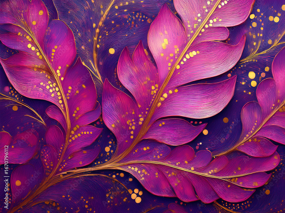 Obraz premium Textured wallpaper on a purple background with fuchsia leaves and gold elements