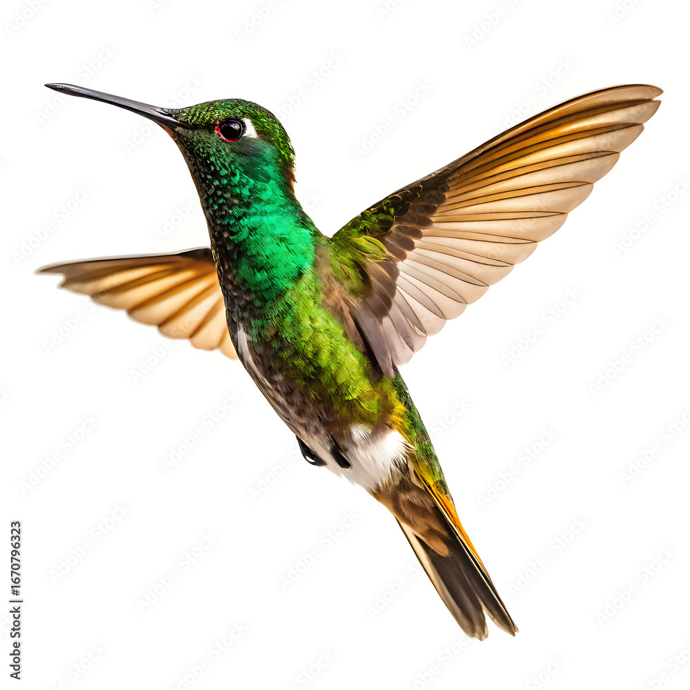 Fototapeta premium A vibrant hummingbird with green plumage and outstretched wings against a white background is captured