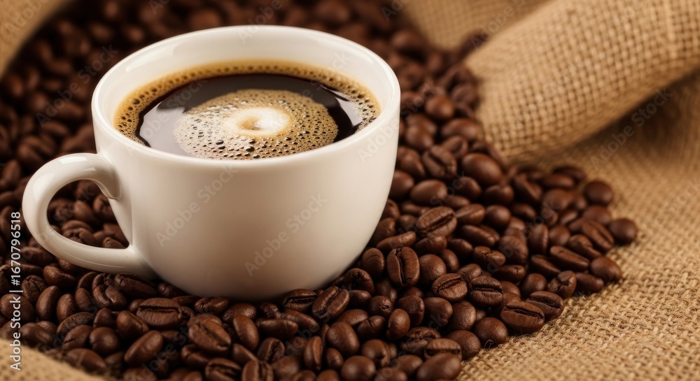 Obraz premium Aromatic coffee in a white cup, surrounded by roasted coffee beans, sits on a burlap background.