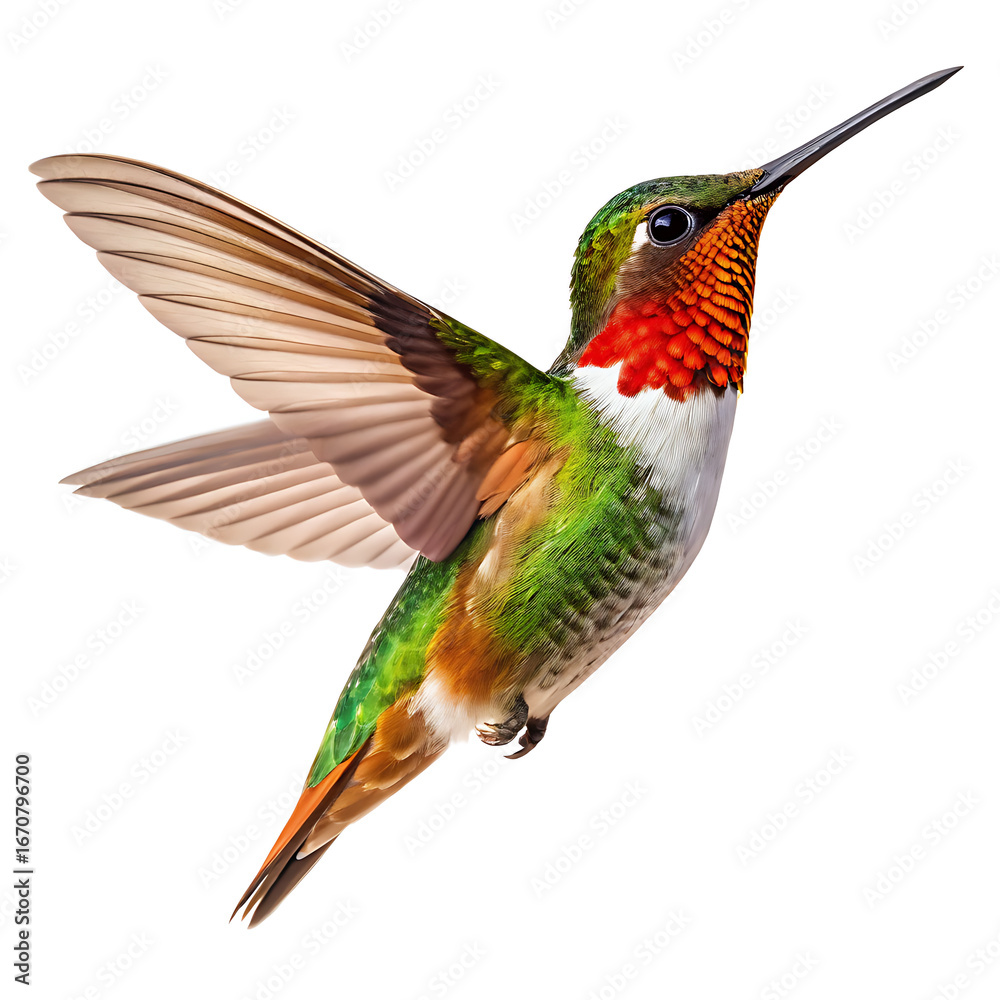 Fototapeta premium A colorful hummingbird with wings spread against a white background in a close up shot of the bird