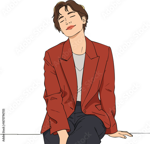 Young man wearing red jacket sitting with relaxed facial expression vector illustration 