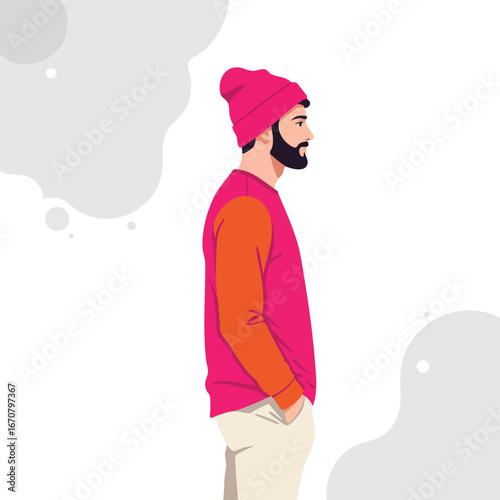 Man in pink beanie and sweater looking sideways with hands in pockets casual style vector illustration 