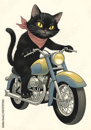 Cartoon Cat Riding Motorcycle – Funny Biker Kitty Kitten Feline Pet Rider on Moped or Scooter Illustration. cute kitten riding, animal, animal biker, comic, comic style cat, retro, retro biker cat