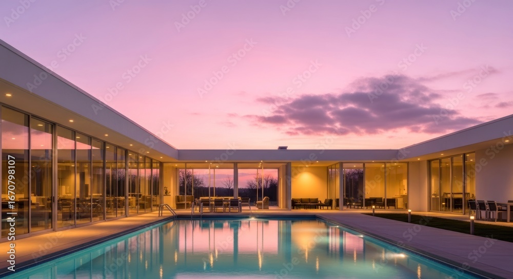 Obraz premium A modern, light-filled home with a tranquil pool area, bathed in the soft hues of a twilight sky.