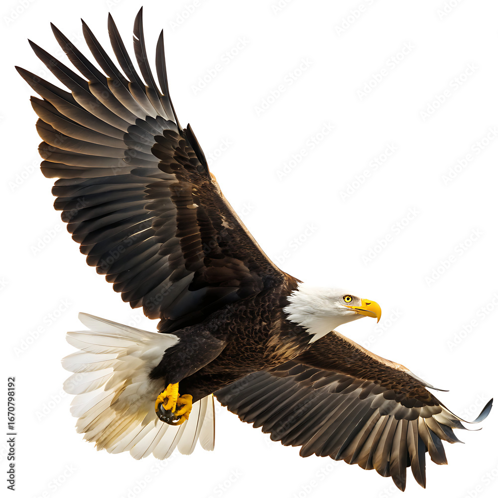 Obraz premium Majestic bald eagle soars gracefully against a pristine white backdrop with its wings fully extended
