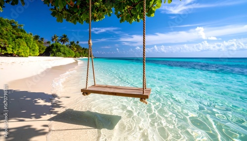 Fototapeta Naklejka Na Ścianę i Meble -  Tropical Beach Swing with Turquoise Sea.