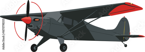 Small single-engine propeller airplane with red wingtips and tail flying vector illustration 