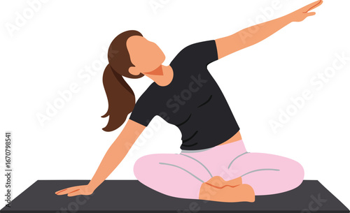 Woman Doing Seated Side Stretch Yoga Pose on Black Mat for Fitness and Relaxation Vector Illustration 