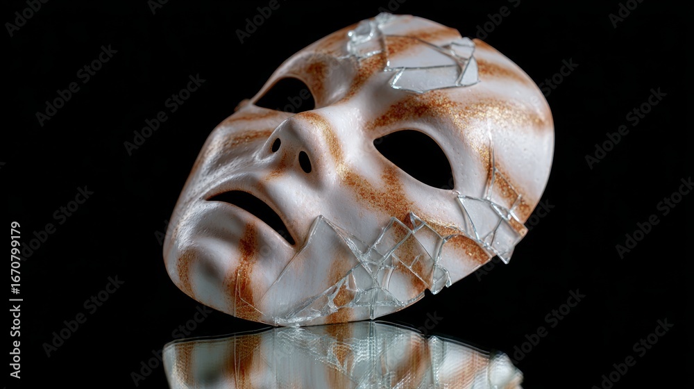 Naklejka premium Mask with cracks and patches on reflective surface against black background